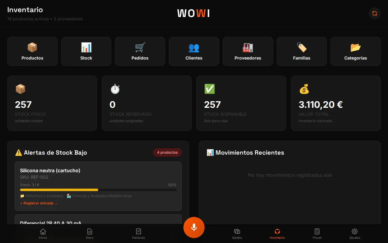 Panel de inventario de WOWI en escritorio (datos de demostración): 18 productos activos, 3 proveedores, stock físico, reservado y disponible, valor total del inventario y alertas de stock bajo