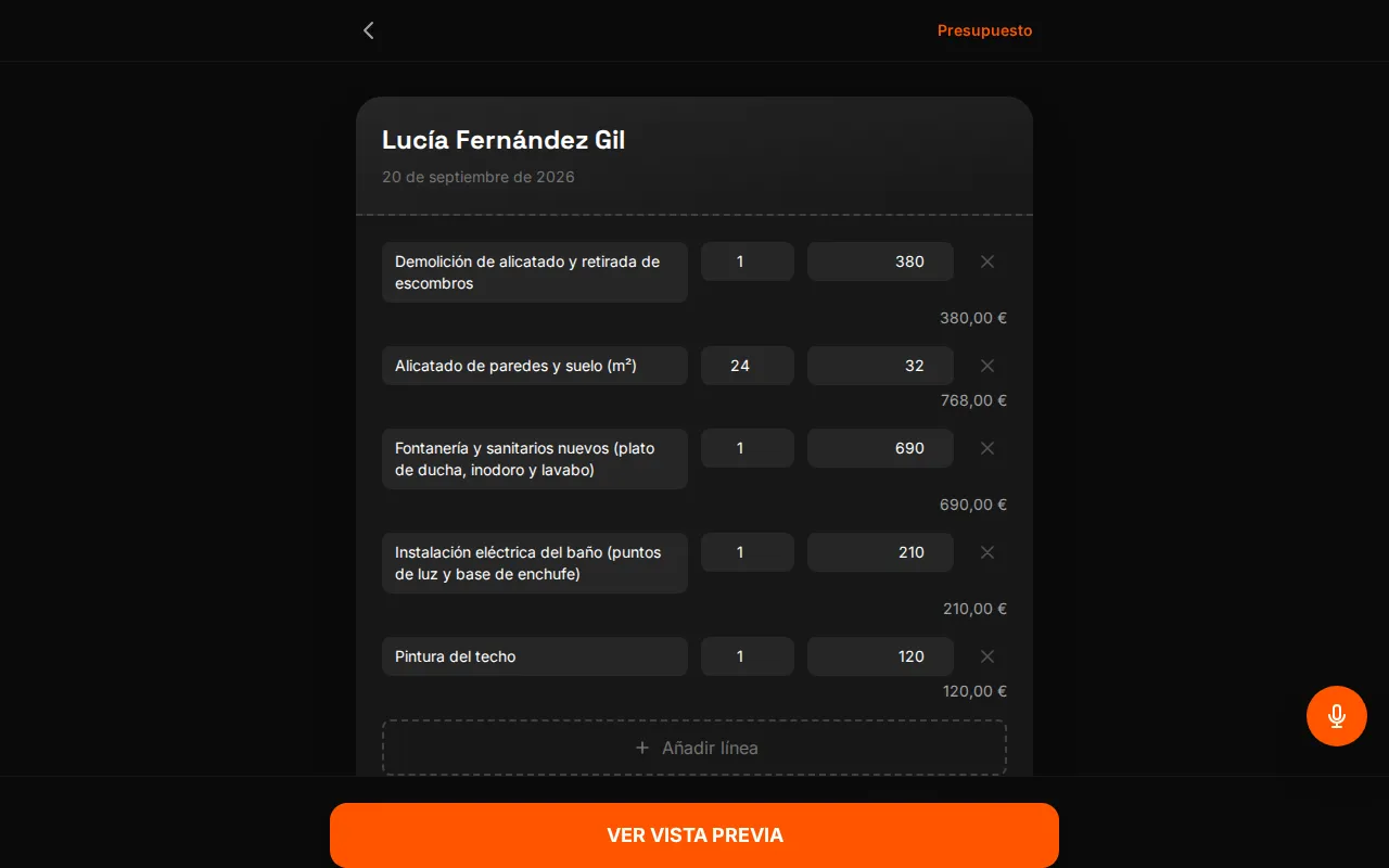 Editor de WOWI con un presupuesto de reforma de un baño (datos de demostración): cinco partidas (380 €, 768 €, 690 €, 210 € y 120 €), IVA del 10 % seleccionado, subtotal 2.168 € y total 2.384,80 €
