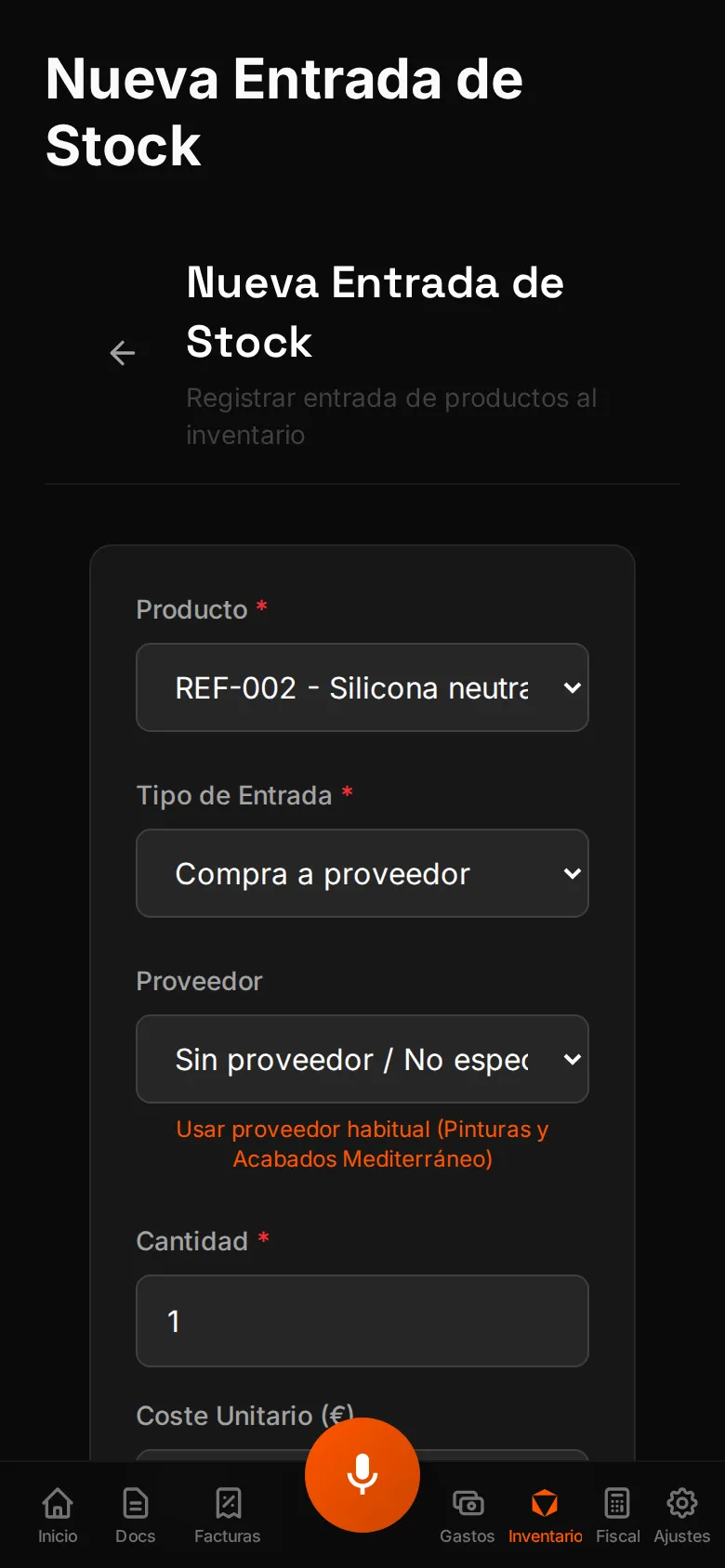 Formulario de WOWI para registrar una entrada de stock (compra) del producto Silicona neutra, con cantidad, coste y proveedor (datos de demostración)
