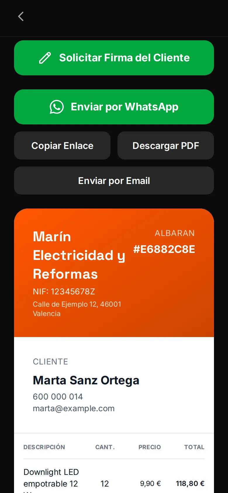 Vista previa de un albarán en el móvil (datos de demostración) con los botones Solicitar Firma del Cliente, Enviar por WhatsApp, Copiar enlace, Descargar PDF y Enviar por email