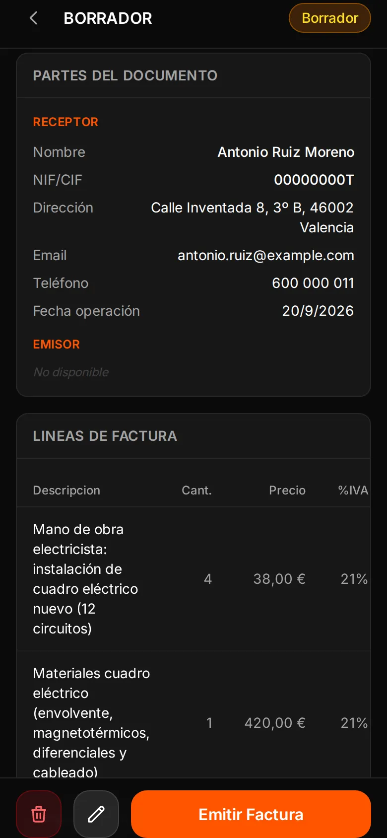 Factura en borrador en WOWI (datos de demostración): datos del receptor, líneas, IVA 21 % con base 602 € y cuota 126,42 €, total 728,42 € y aviso «Borrador - Sin registrar en VeriFactu»