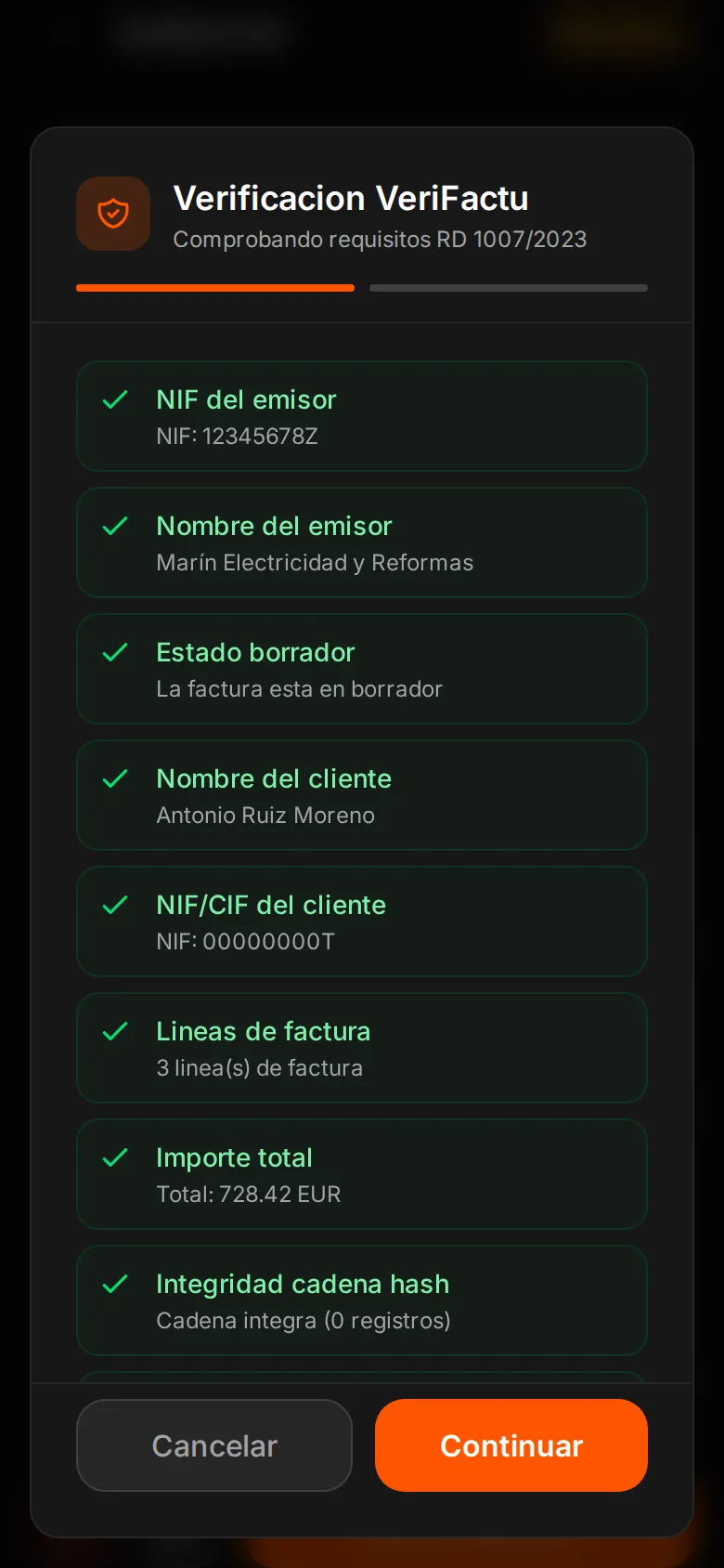 Primer paso del diálogo «Emitir Factura» en WOWI (datos de demostración): lista de comprobaciones de requisitos con el recuento de las superadas