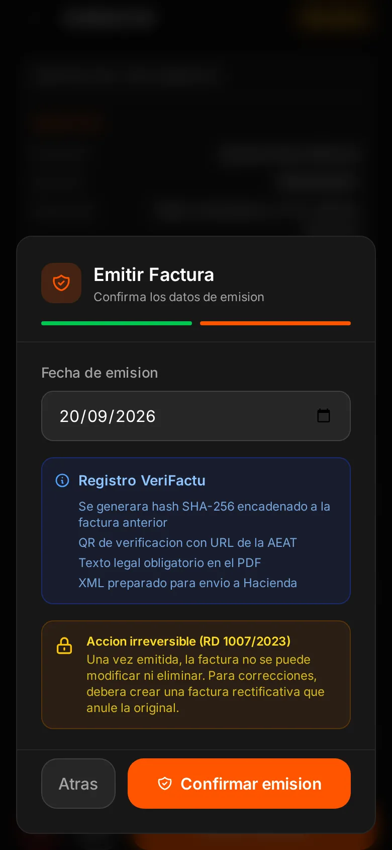 Segundo paso del diálogo de emisión de una factura en WOWI (datos de demostración): fecha de emisión, resumen de lo que se generará y aviso de que una factura emitida no se puede modificar ni eliminar y que las correcciones se hacen con una factura rectificativa