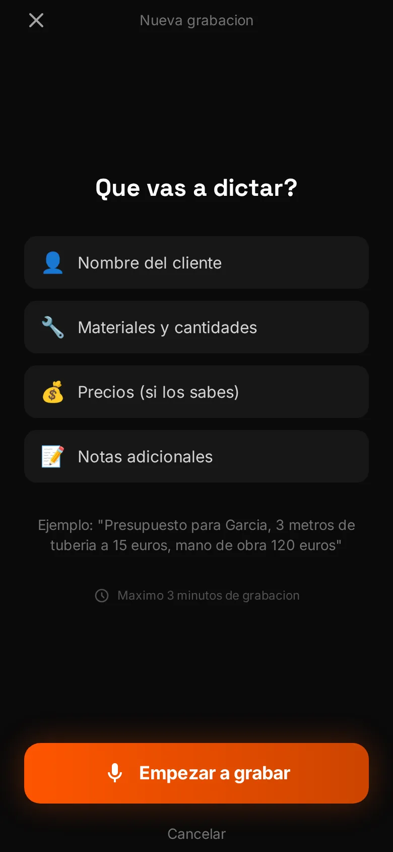 Pantalla previa de WOWI, «¿Qué vas a dictar?»: cuatro pistas (nombre del cliente, materiales y cantidades, precios, notas), un ejemplo de dictado, el límite de 3 minutos y los botones Empezar a grabar y Cancelar (datos de demostración)