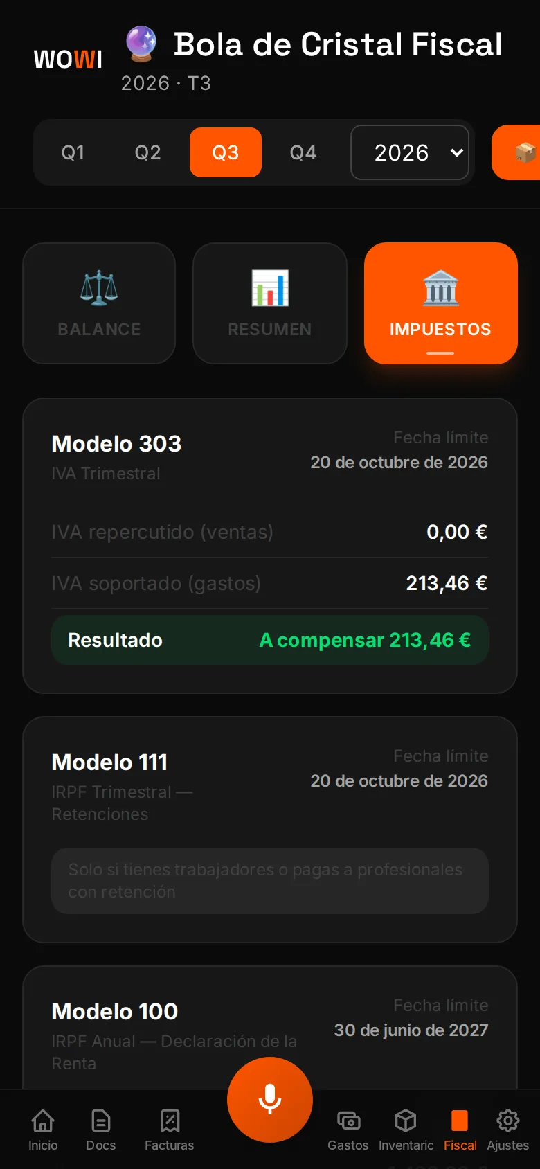 Panel fiscal de WOWI en el móvil: tarjeta del Modelo 303 del tercer trimestre de 2026 con fecha límite 20 de octubre, IVA soportado de los gastos y resultado estimado (datos de demostración)