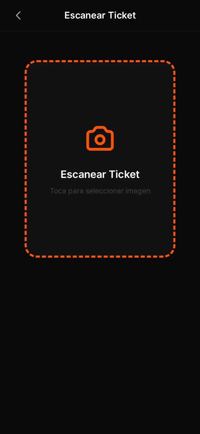 Pantalla Escanear Ticket de WOWI en el móvil, con un área para tocar y elegir o hacer la foto del ticket (pantalla de demostración)