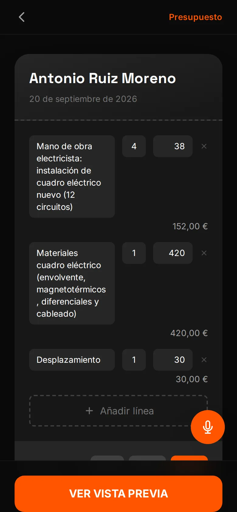 Editor del presupuesto en el móvil (datos de demostración): cada partida con descripción, cantidad y precio editables, IVA a elegir entre 0 %, 10 % y 21 %, subtotal 602 € y total 728,42 €