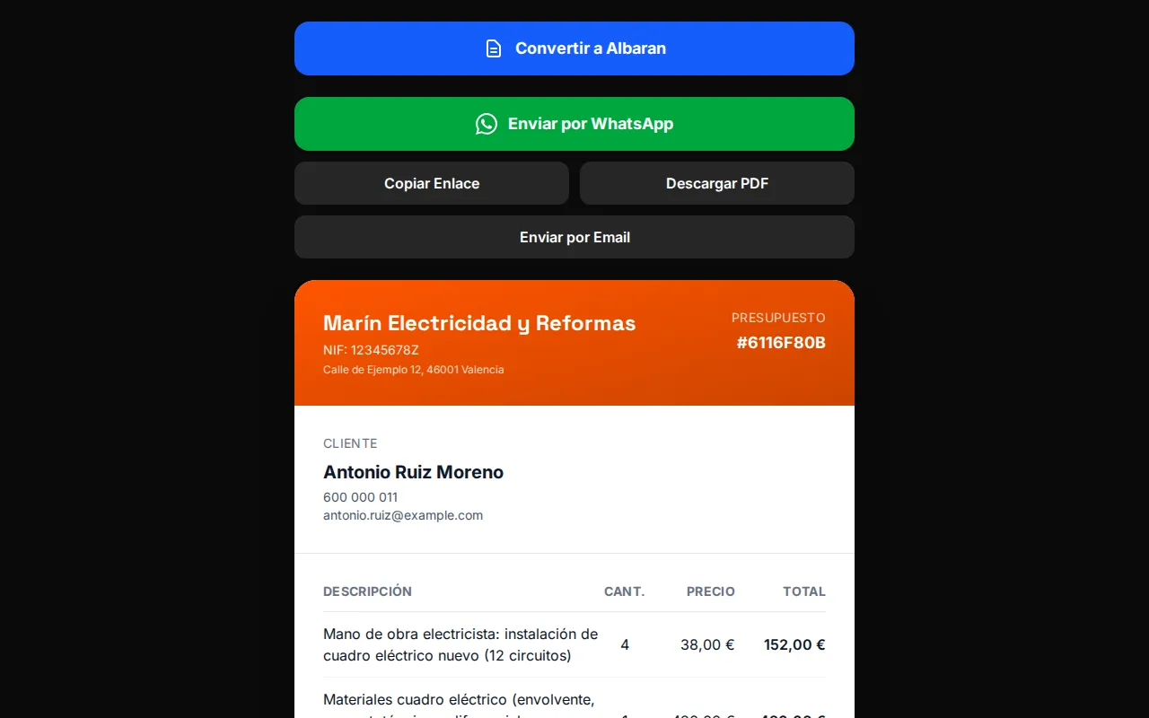 Vista previa de un presupuesto de instalación de cuadro eléctrico en la cuenta de demostración: mano de obra de 4 horas a 38 €, materiales por 420 € y desplazamiento por 30 €, subtotal de 602 €, IVA del 21 % y total de 728,42 € (datos de demostración)