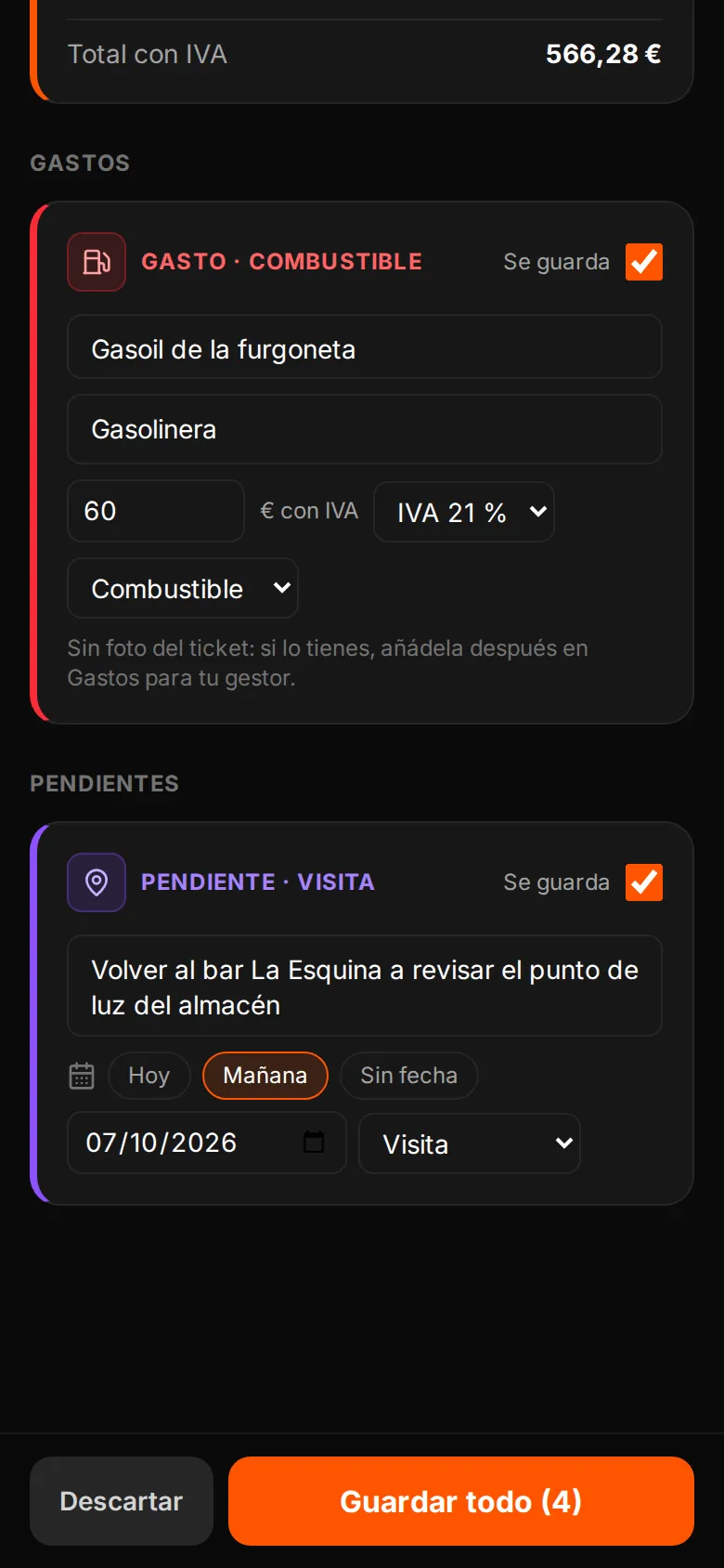 Del mismo parte, el gasto de gasoil y el pendiente para mañana, listos para guardar (datos de demostración)