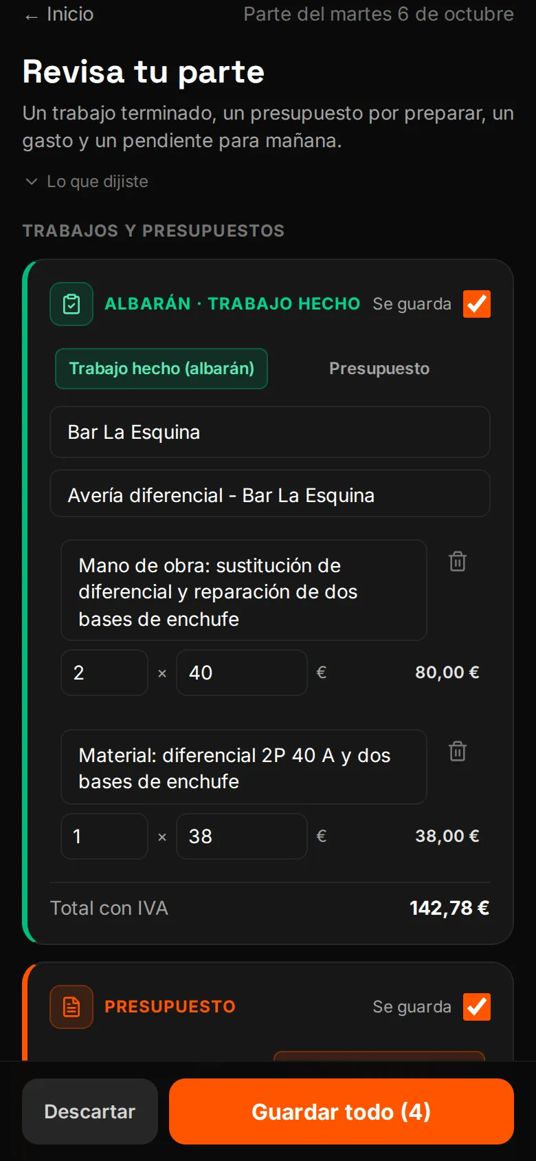 Revisión del parte del día en WOWI: un albarán de la avería del bar y un presupuesto de iluminación preparados a partir de un solo audio (datos de demostración)
