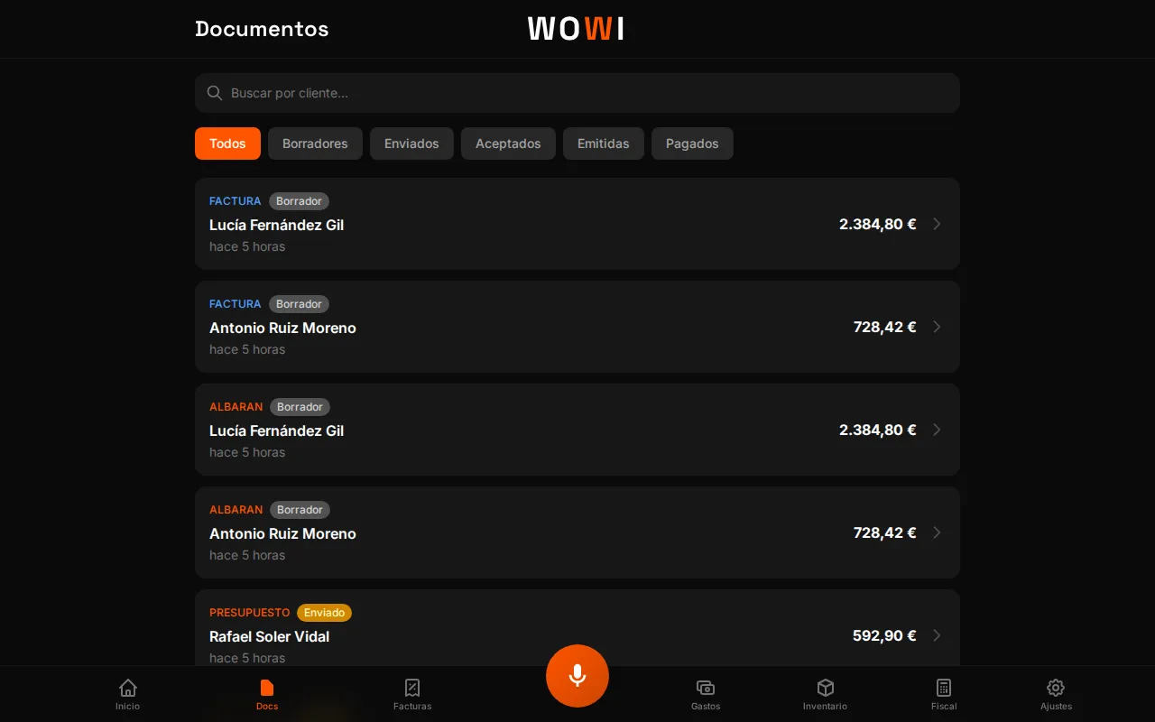 Lista de documentos de la cuenta de demostración de WOWI con presupuestos, albaranes y facturas mezclados y filtros por estado