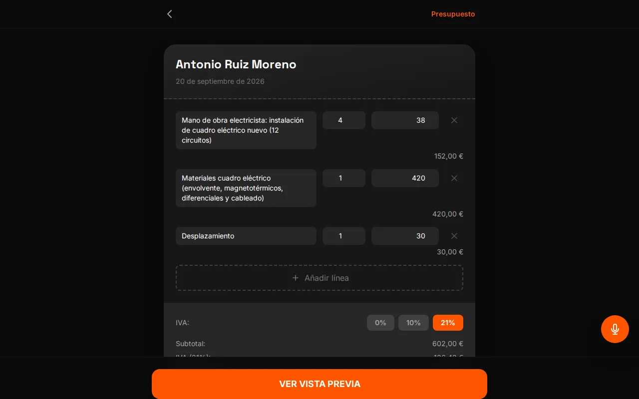 Editor del presupuesto en WOWI (datos de demostración): cada partida con descripción, cantidad y precio unitario editables, IVA a elegir entre 0 %, 10 % y 21 %, subtotal 602 € y total 728,42 €