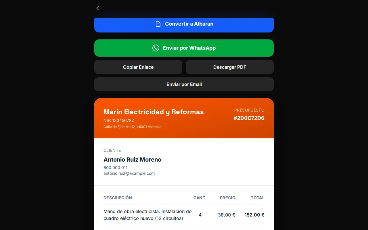 Vista previa en WOWI de un presupuesto de instalación de cuadro eléctrico, con tres líneas, IVA 21 % y total 728,42 € (datos de demostración)