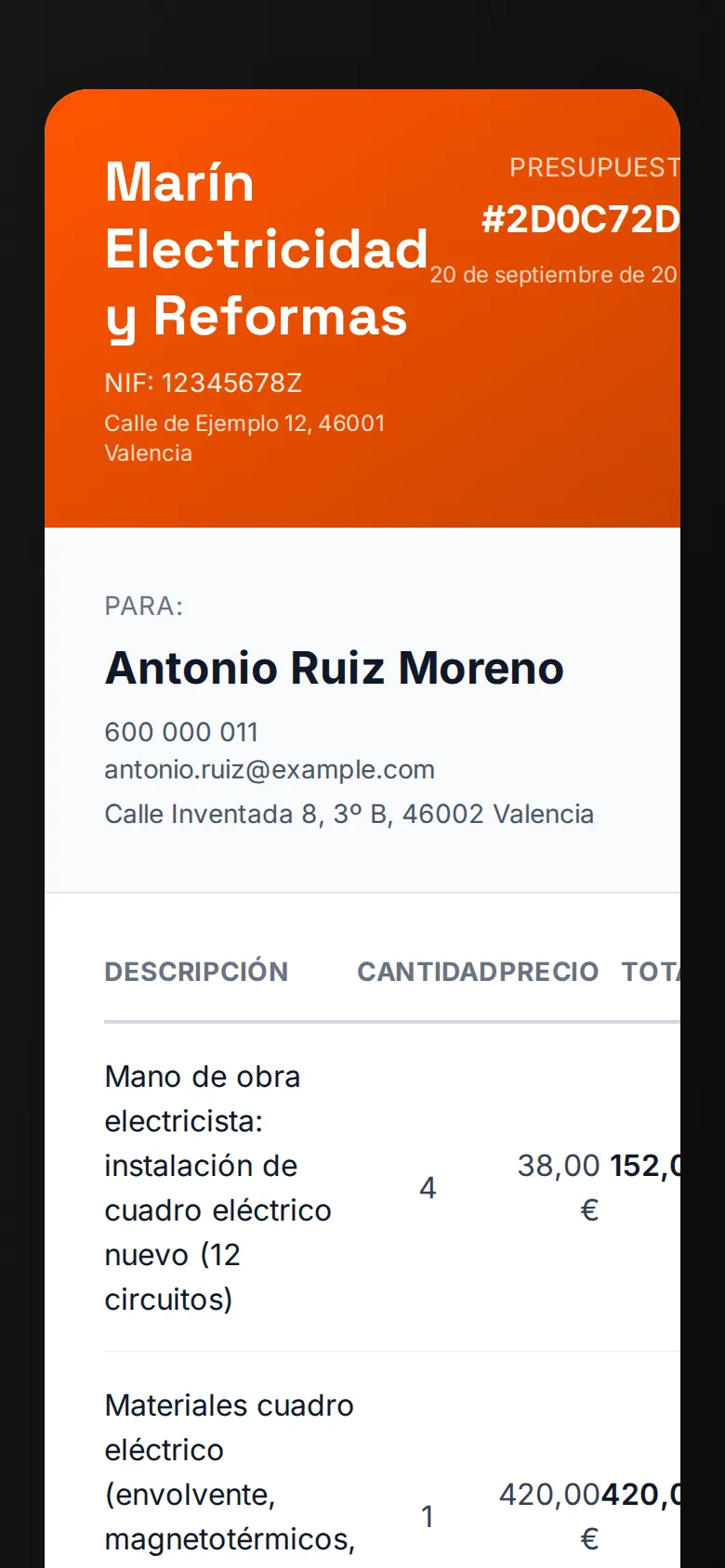 Página pública del presupuesto: lo que ve el cliente al abrir el enlace, sin instalar nada (datos de demostración)