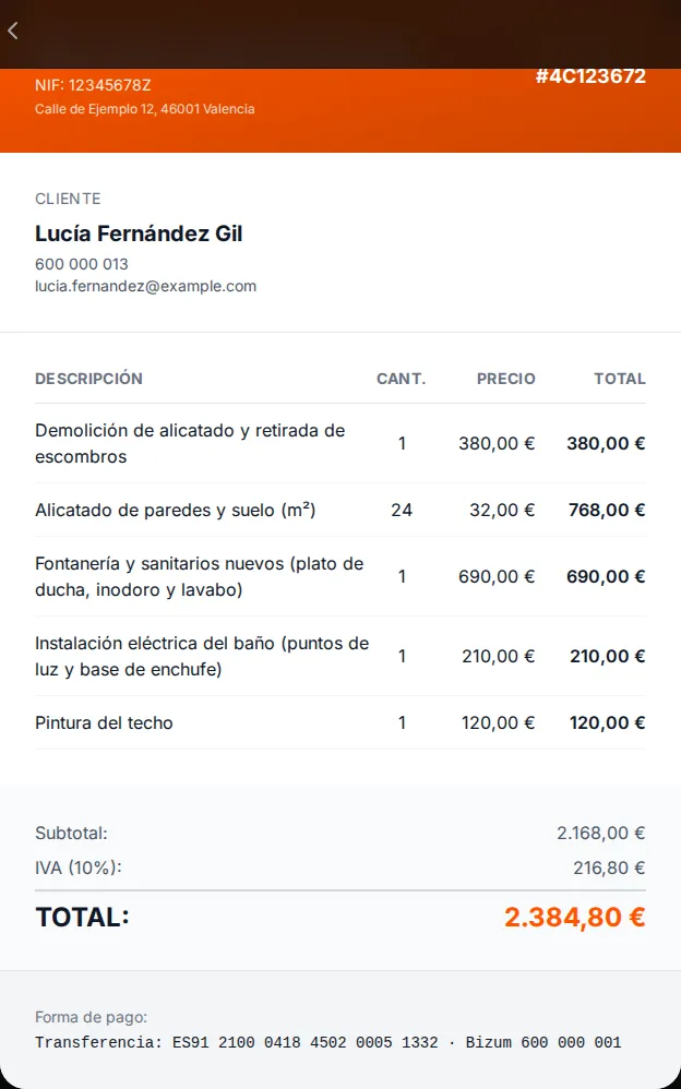 Documento del presupuesto de reforma de un baño con cinco partidas a IVA 10 %, subtotal, cuota de IVA y total de 2.384,80 € (datos de demostración)