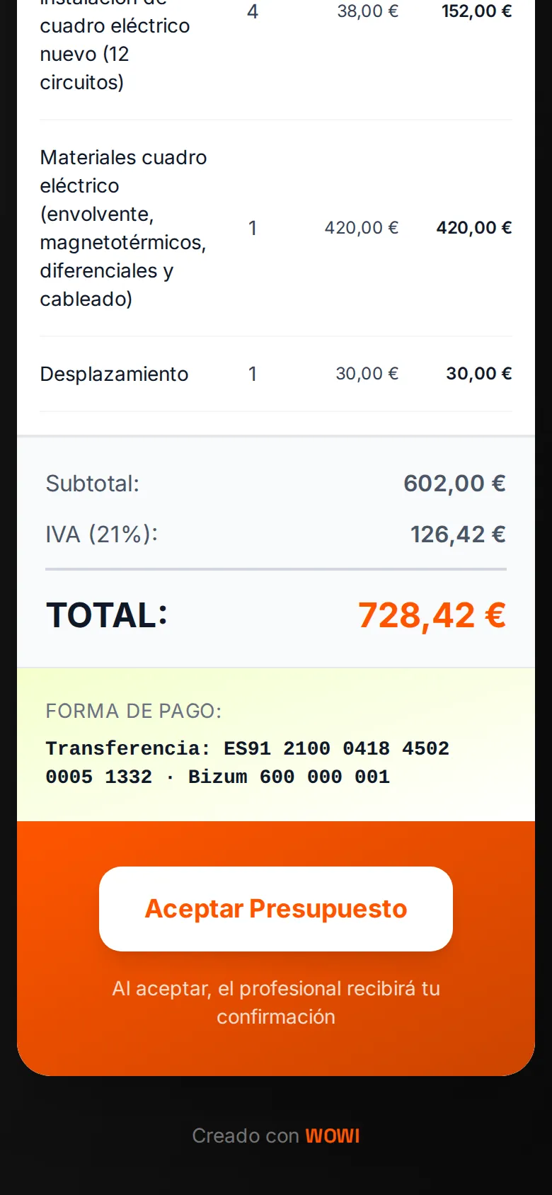 Final de la página que recibe el cliente, con los totales y el botón «Aceptar Presupuesto» (datos de demostración)