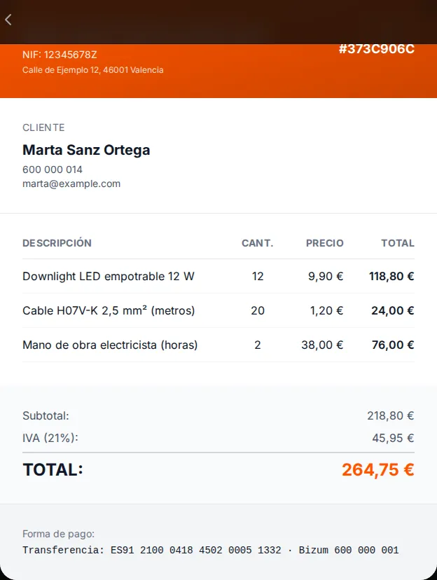 Albarán de una instalación de iluminación de un local en la cuenta de demostración de WOWI (datos ficticios), con líneas de material y de mano de obra