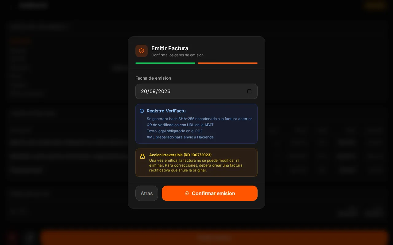 Segundo paso del diálogo de emisión de una factura en WOWI: fecha de emisión, resumen de lo que se generará (hash encadenado, QR, texto legal y XML) y aviso de acción irreversible (datos de demostración)